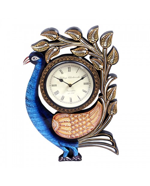 Single Peacock Wall Clock With Hand Painted Carving Leaves