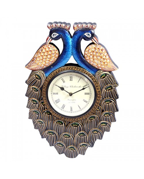 Couple of Peacock in Opposite Face Wooden Wall Clock With Handpainted 