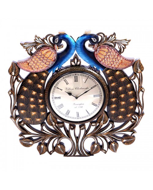 Couple of Peacock On The Wall Clock Opposite Face With Handpainted Carving Feather and Leaves 