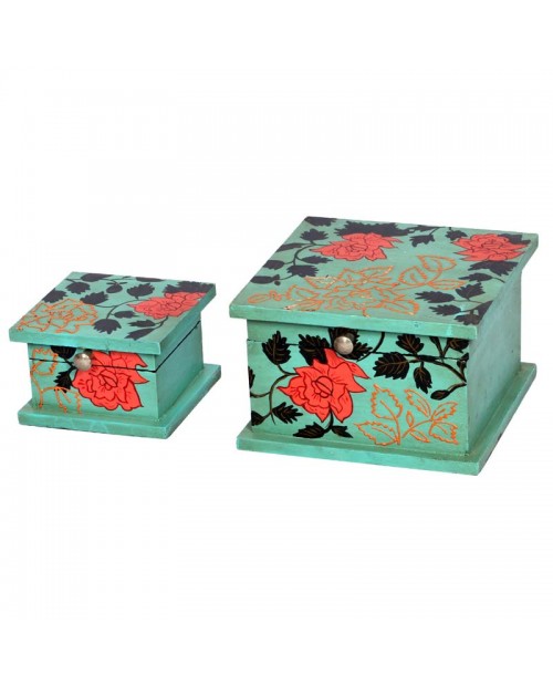 Hand Painted Wooden Square  Boxes Set of Two