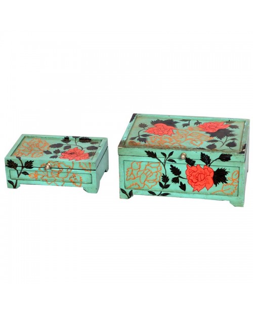 Set of Two Wooden Boxes With Flower Hand Painting 