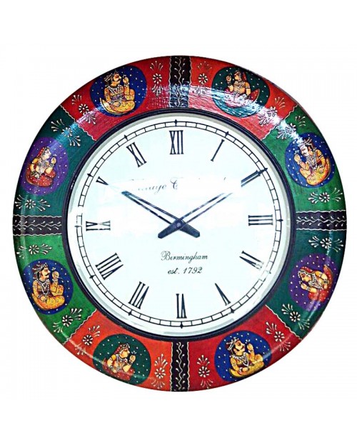 Mughal art Handpainted Wooden Round Wall Clock