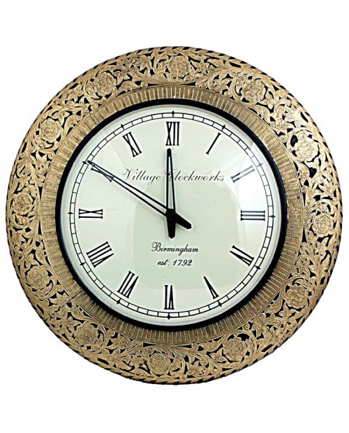 Metal Fitted Flower Design Wooden Round Wall Clock