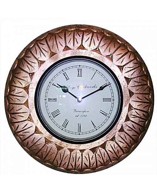 Leaf Design Metal Fitted Wooden Round Wall Clock 