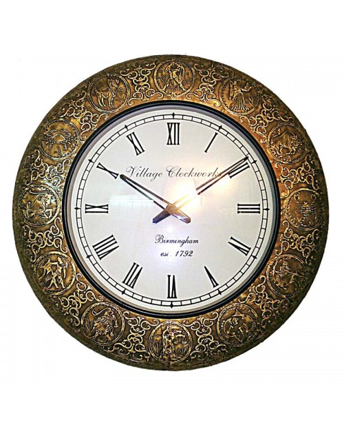 Zodiac Design Metal Fitted Wooden Round Wall Clock