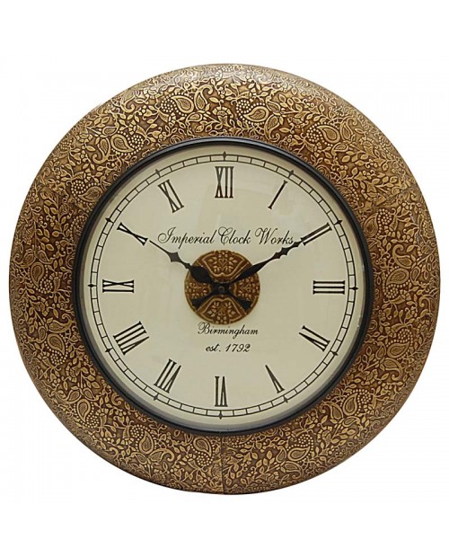 Brass Fitted Wooden Round Wall Clock in Roman Numeric