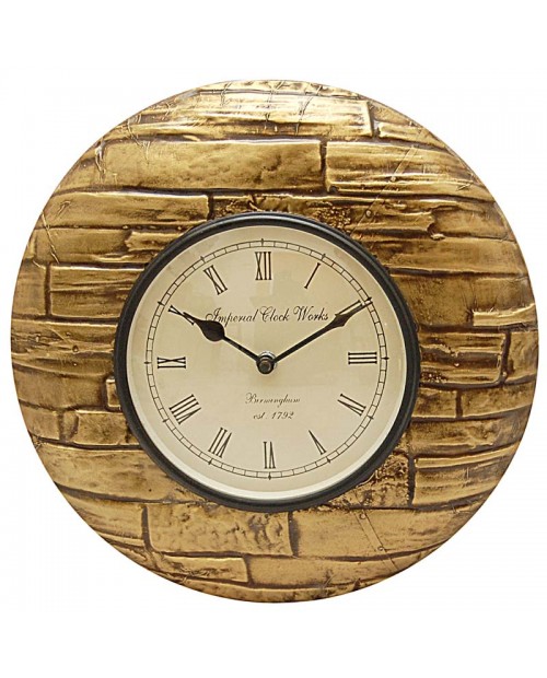 Metal Fitted Bricks Design Yellow Shade Wooden Round Wall Clock