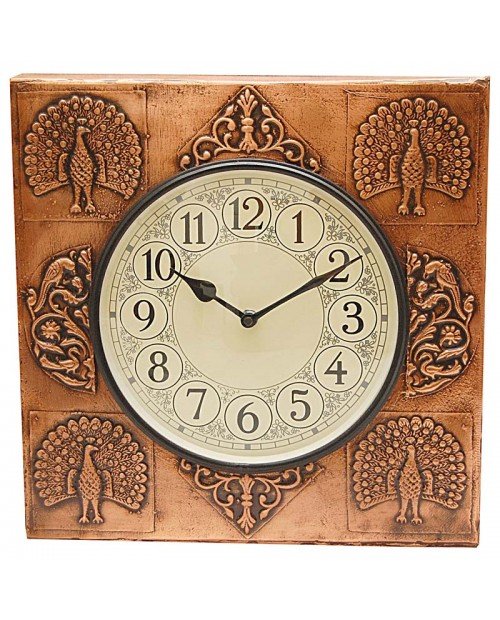 Metal Fitted Peacock Design Square Wooden Wall Clock