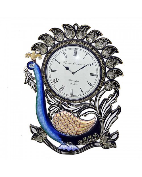 Sitting  Peacock Handpainting Carving Work Wooden Wall Clock