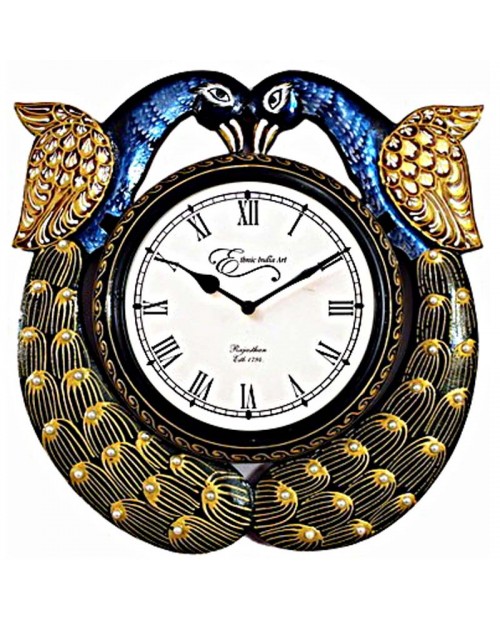 "Couple of Peacock Handpainting Carving Work Wooden Wall Clock "