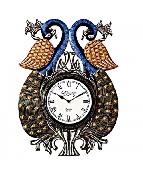 Back Neck Couple of Peacock Handpainting Carving Work Wooden Wall Clock