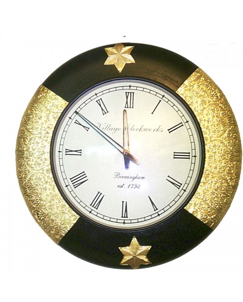 Metal Fitted in Corner Side With Stars  Wooden Round Wall Clock